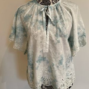 Anthropologie Blue White Tie Dye Embroidered Lace Blouse Size XS